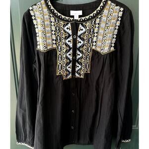 J. Jill Sz Sz S Petite Pure Jill Elements Black Cotton Top w/ Aztec  Embroidery
